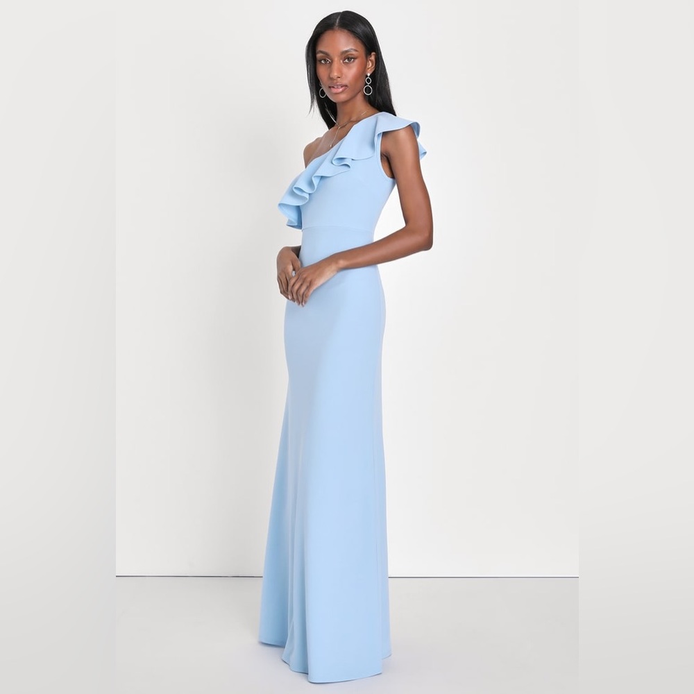 Lulu's Light Blue One-Shoulder Ruffle Gown
